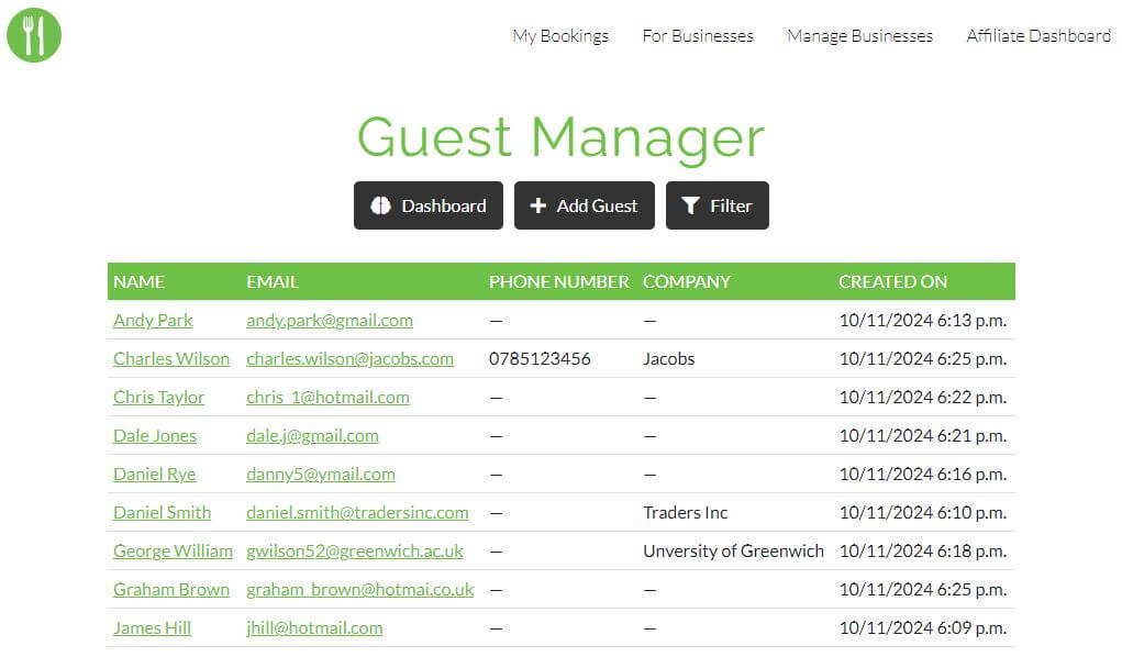 Guest manager page where restaurants can manage guest profiles.