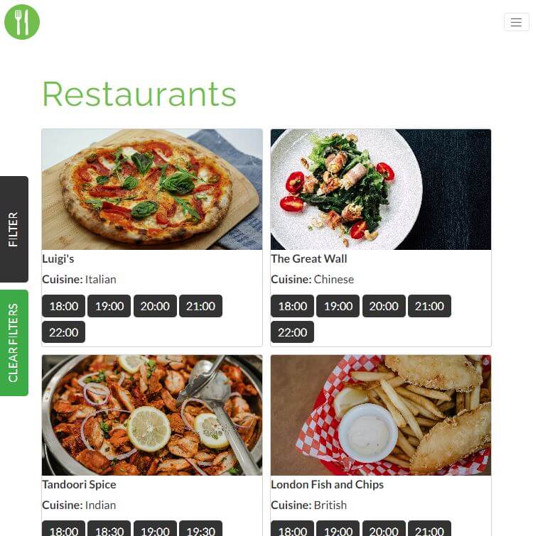 Make a Rezzy search page with restaurant options visible